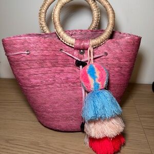 Pink Straw Bag With Blue Bag Puff Chain